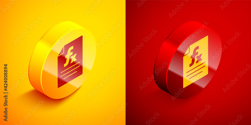 Poster isometric function mathematical symbol icon isolated on orange and red background. circle button. ve