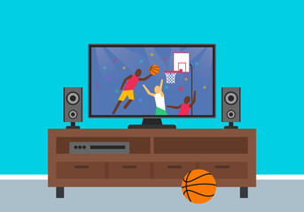 tv  on stand .basketball match translation on screen vector flat illustration