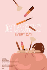 Cosmetics. Advertising banner with a cosmetic bag and an inscription on a pink background. Vector illustration in small style.
