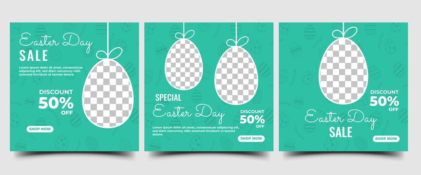 Set of Easter banner template. Easter day sale social media banner design. Green background with egg pattern. Suitable for social media, cards, banners, and website. Vector design with a photo collage