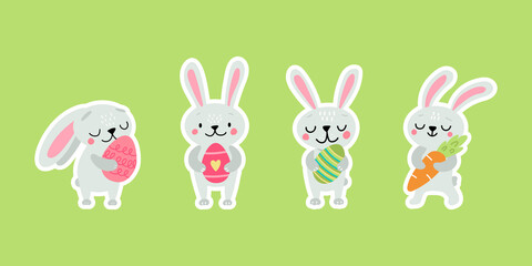 Easter greeting stickers with bunnies. Vector illustration. Set of cute cartoon characters and elements.