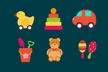 Kids toy set. Isolated vector children's o objects for games. Beautiful icons in the color of children's toys. Pyramid, Bear, Duck, Car, Rattles, Bucket with spatula. Vector illustration