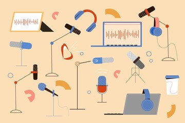 Fototapeta na wymiar Set with different microphones for podcast or radio show, laptop, headphones. Vector illustration