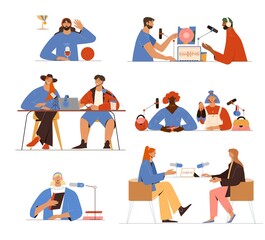 Set with people doing podcast or radio show, recording, interviewing. Vector illustration