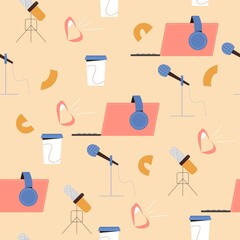 Podcast seamless pattern. Background for blogs, broadcasting, radio shows covers with headphones, microphones. Vector illustration