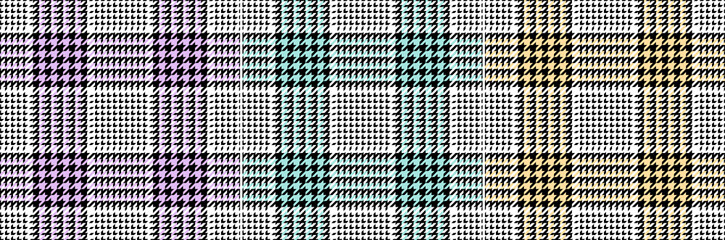 Tartan plaid pattern glen set in black, white, purple, green, yellow. Seamless tweed check vector graphics for jacket, coat, skirt, throw, other spring summer autumn fashion textile print.