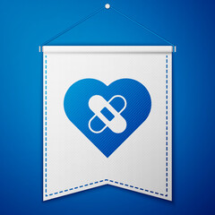 Blue Healed broken heart or divorce icon isolated on blue background. Shattered and patched heart. Love symbol. Valentines day. White pennant template. Vector