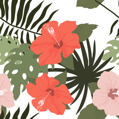 Tropical flowers seamless pattern. Vector illustration in a flat style.
