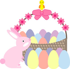Bunny, chick and busket with eggs easter illustration