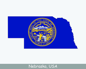 Obraz premium Nebraska Map Flag. Map of NE, USA with the state flag isolated on white background. United States, America, American, United States of America, US State. Vector illustration.