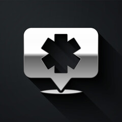 Silver Medical symbol of the Emergency - Star of Life icon isolated on black background. Long shadow style. Vector