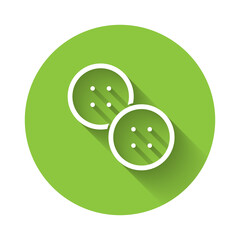 White Sewing button for clothes icon isolated with long shadow. Clothing button. Green circle button. Vector