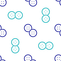 Blue Sewing button for clothes icon isolated seamless pattern on white background. Clothing button. Vector
