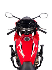 Red motorcycle isolated on a white background, driver pov