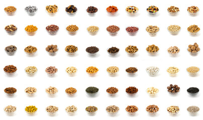 Collection of aromatic spices and condiments in glass jars over white backgrounds, collage background