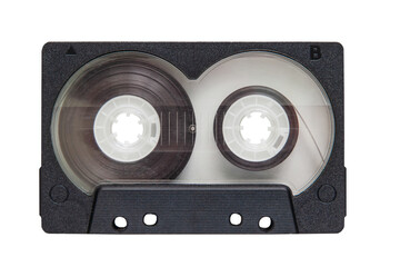 Audio cassette in a black and transparent plastic case, isolated on a white background