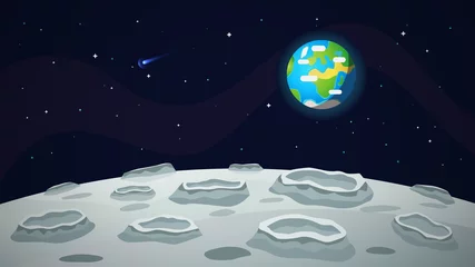 Gordijnen Moon landscape panorama Earth in the sky. Vector illustrations © Roman