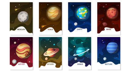 Set of banner templates Solar system planet. Mercury, venus, earth, mars, jupiter, saturn, uranus, neptune.  © Roman