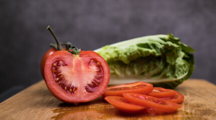Tomatoes in slices and lettuce on a wooden board - studio photography