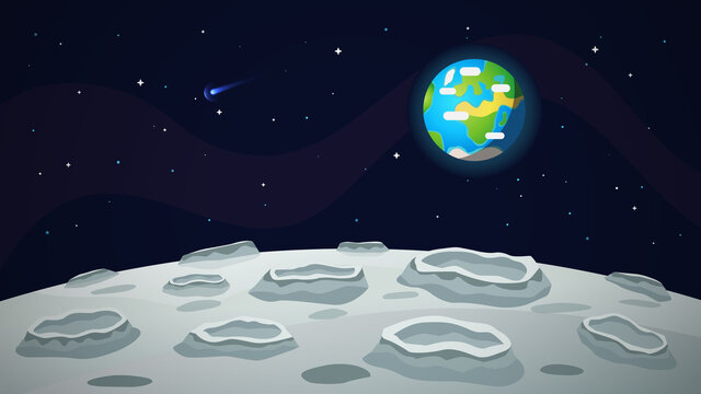 Moon landscape panorama Earth in the sky. Vector illustrations