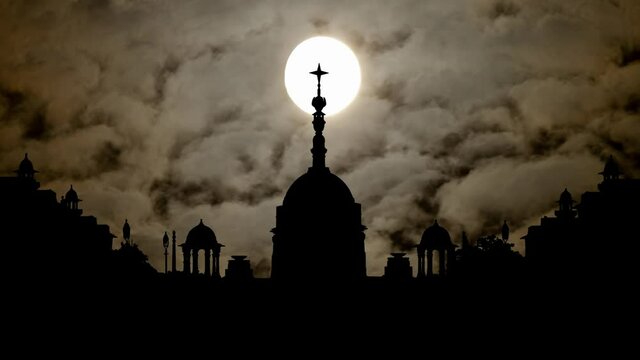 Rashtrapati Bhawan in New Delhi, Time Lapse by Night with Full Moon, Fog and Dark Atmosphere, India