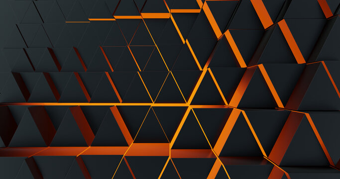Abstract background with triangles and orange red glow. Metallic reflection style for business and corporate template. 3D rendering