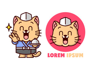 FUNNY CAT CARTOON MASCOT WEARING JAPANESE CHEF CLOTHES AND SERVING FOOD.