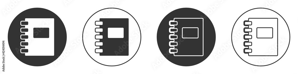 Poster black notebook icon isolated on white background. spiral notepad icon. school notebook. writing pad.