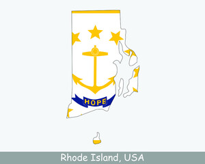 Rhode Island Map Flag. Map of RI, USA with the state flag isolated on a white background. United States, America, American, United States of America, US State. Vector illustration.