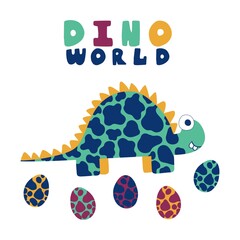 Cartoon stegosaurus and eggs print for kids apparel stock vector illustration. Bold colors spotted hand drawn dinosaur with eggs and text Dino world. Funny print for t-shirts, bags, pillows and more