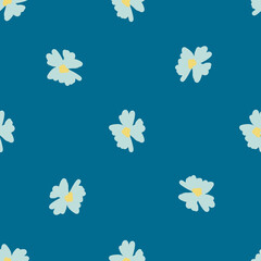 Fototapeta na wymiar Simple style seamless pattern with blue colored flowers print on bright navy blue background.