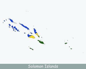 Solomon Islands Flag Map. Map of the Solomon Islands with national flag isolated on a white background. Vector Illustration.