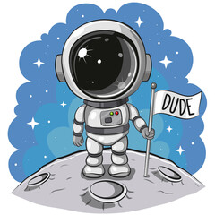 Cartoon astronaut on the moon on a space background