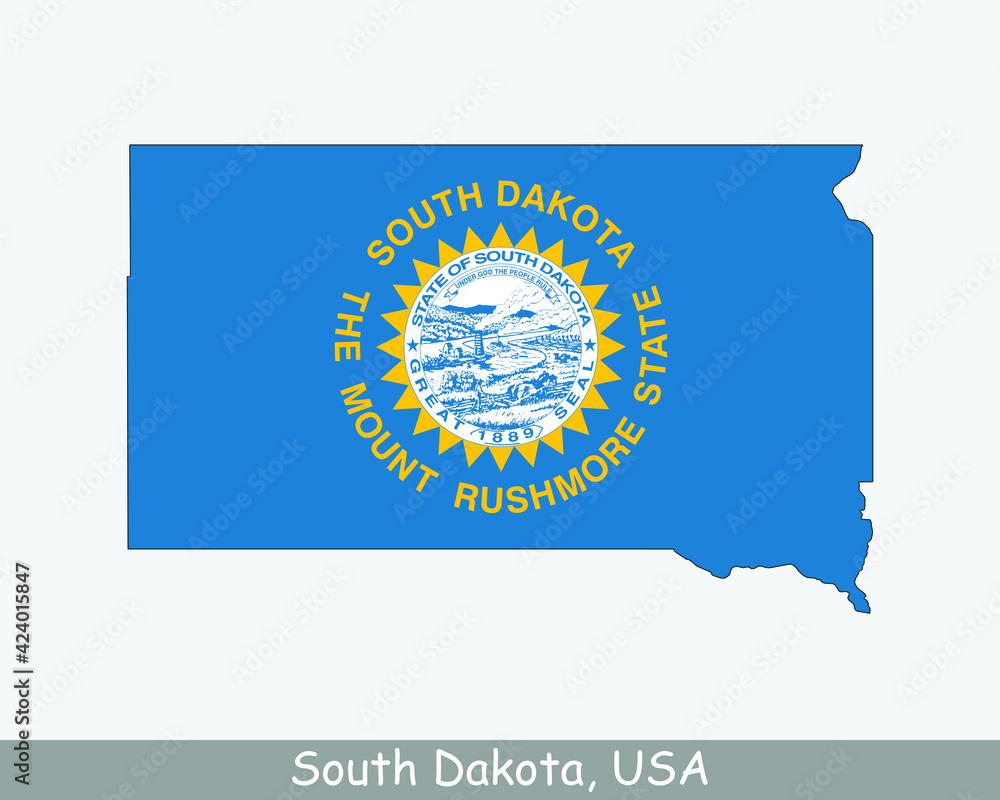 Wall mural South Dakota Map Flag. Map of SD, USA with the state flag isolated on a white background. United States, America, American, United States of America, US State. Vector illustration.