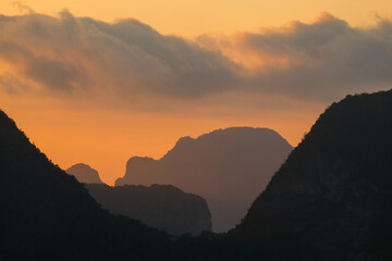 Beautiful silhouette mountain and pastel sky  in the morning