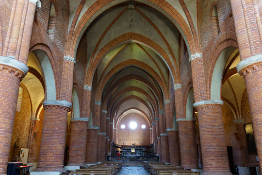 Morimondo, Italy - September 5, 2020: Medieval abbey of Morimondo, Milan, Italy: interior