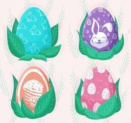 Easter eggs with a different pattern. Eggs with bunny and sweets.