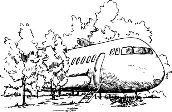 plane in the woods monochromatic sketch on white background perspective printable doodly illustration 