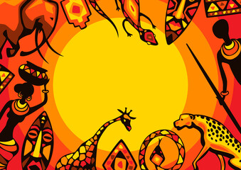 African ethnic background. People, animals and masks.