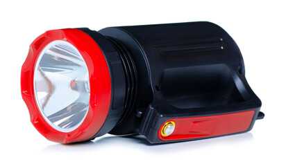 Rechargeable powerful flashlight on white background isolation