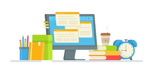 Online test. Vector illustration of passing exams. Doing your homework. Distance learning. Lessons on the computer.