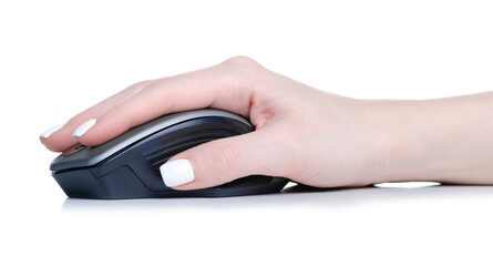 Black PC mouse in hand on white background isolation