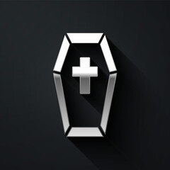Obraz premium Silver Coffin with christian cross icon isolated on black background. Happy Halloween party. Long shadow style. Vector