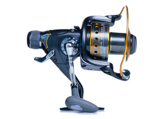 Fishing reel for fishing rod on white background isolation