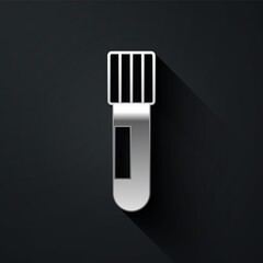 Silver Test tube and flask chemical laboratory test icon isolated on black background. Laboratory glassware sign. Long shadow style. Vector