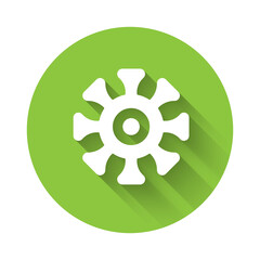 White Bacteria icon isolated with long shadow. Bacteria and germs, microorganism disease causing, cell cancer, microbe, virus, fungi. Green circle button. Vector