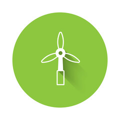 White Wind turbine icon isolated with long shadow. Wind generator sign. Windmill for electric power production. Green circle button. Vector