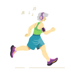 Vector image of an elderly happy lady jogging joyfully as her sport activity. Smiling senior woman running to music, headphones on. Isolated character illustration on white background. Active ageing.