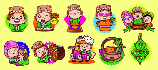 Set VECTOR Cute Character Ramadan and Eid Mubarak Activity Family, Ramadan Eid Mubarak celebrated Illustration, Vector Using for Sticker, website banner