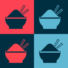 Pop art Rice in a bowl with chopstick icon isolated on color background. Traditional Asian food. Vector